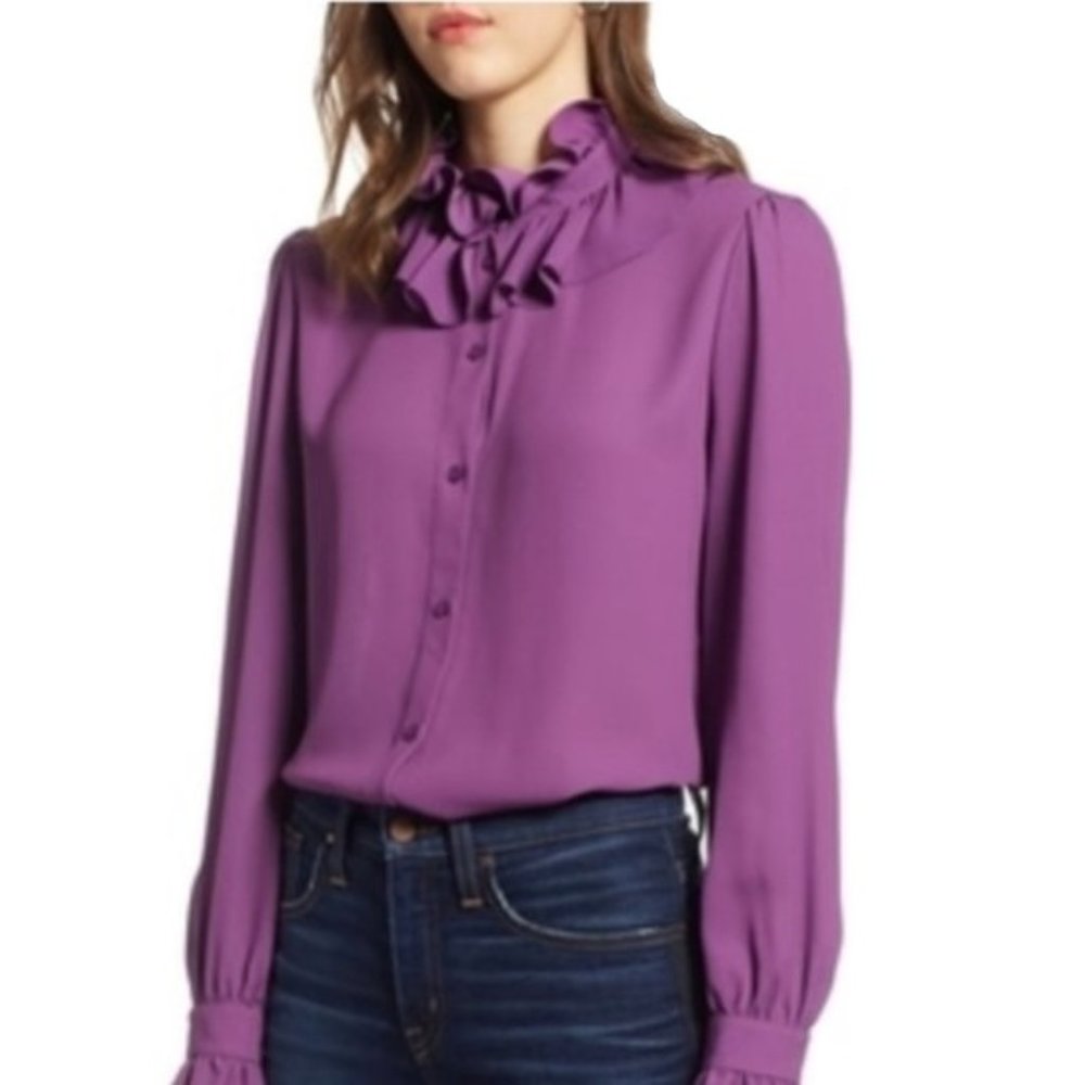 NWOT Halogen Purple Ruffle Mock Neck Blouse